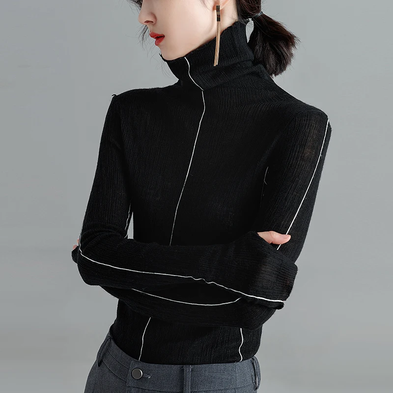 

New Arrival Women Autumn Stripes Basic Cashmere Sweater Pullovers Elegant Slim Turtleneck Striped Wool Elastic Sweater