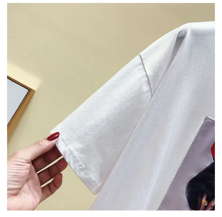 4XL/2019 Новая Летняя женская футболка с короткими рукавами и бусинами бантом