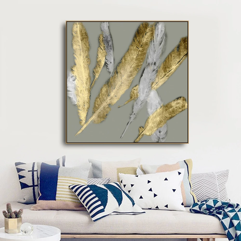 

Painting & Calligraphy Golden Feather Print Home Canvas Decoration Picture Posters For House Living Room Bedroom Home Wall Art