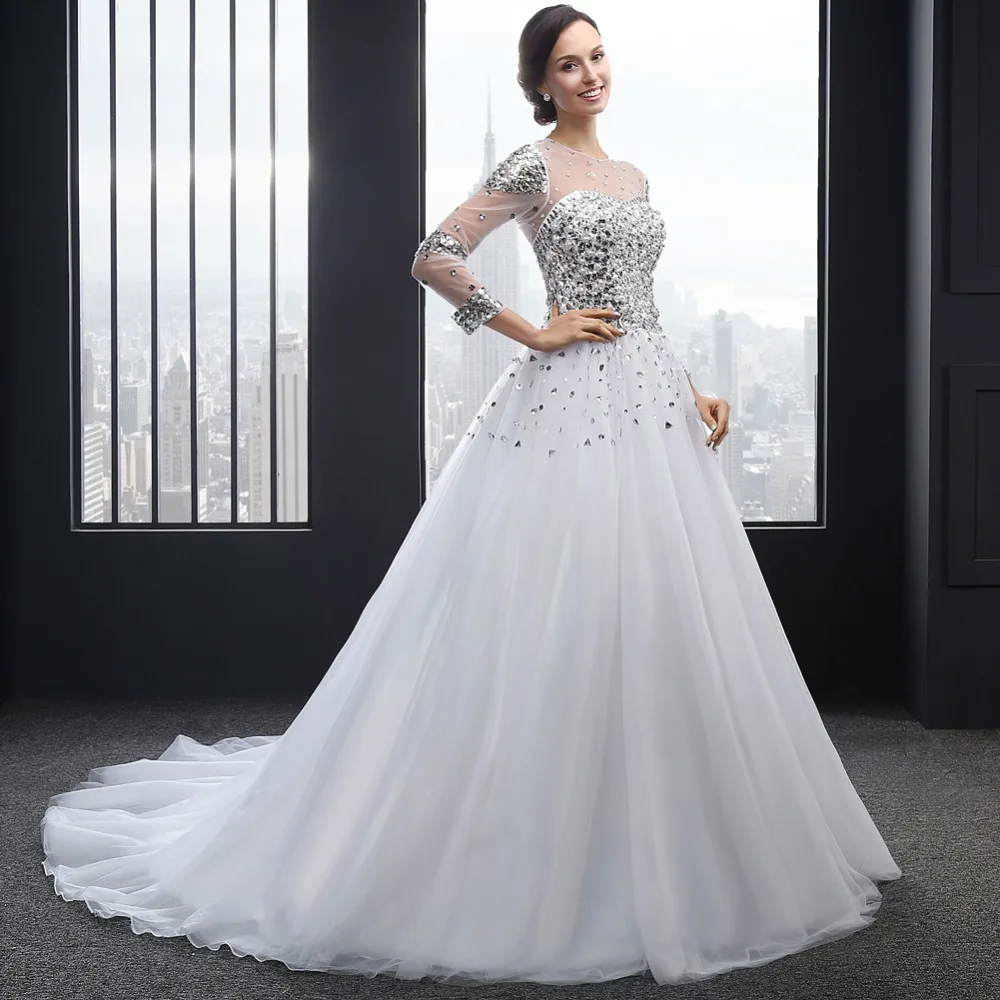 Белый узелок платье-линии развертки поезд кристалл раскаты тюль Vestido де Noiva с