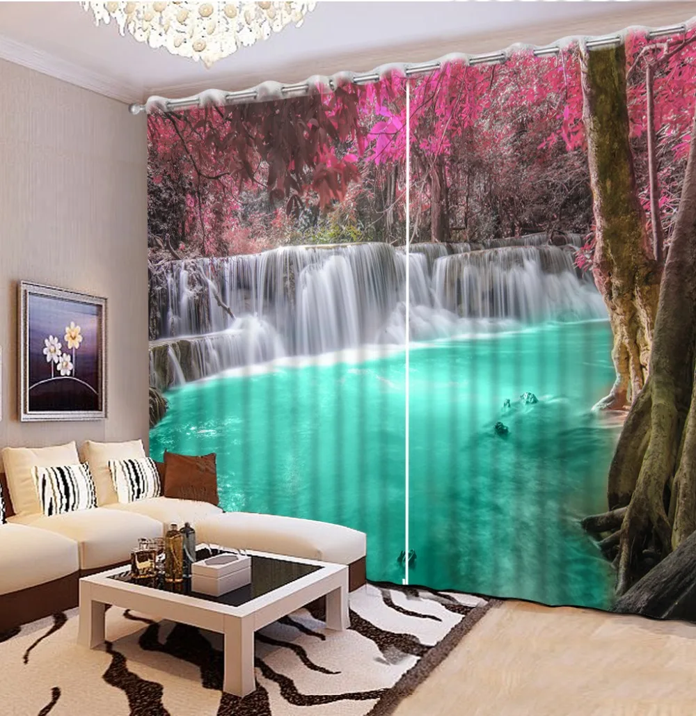 

3D занавески леса, розовые листья, озеро 3D фото печать затемненные занавески для гостиной постельные принадлежности комнаты отеля портьеры ...