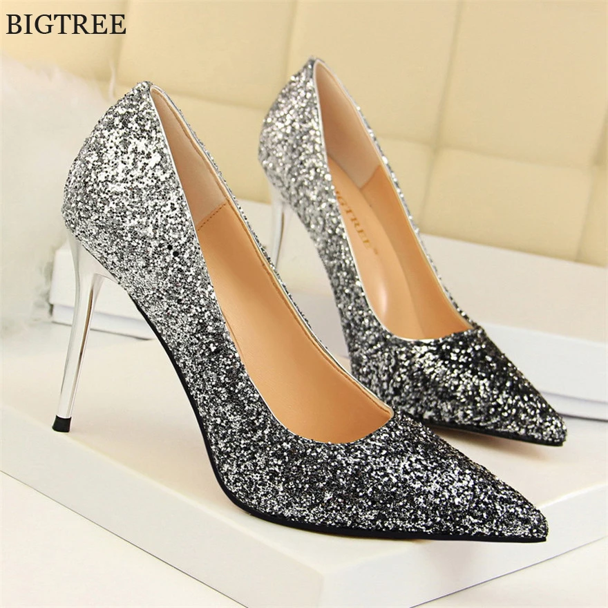

BIGTREE Women Shoes Pointed Toe Fashion High Heels Pumps Female Slip-On Sequined Cloth Stiletto Party Wedding Shoes Sexy Shallow