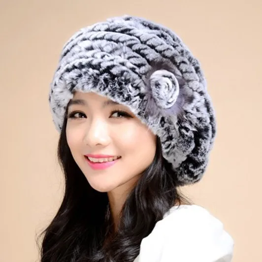 

Knitted Real REX rabbit fur hat good quality beret cap popular fur flower decorative headgear headdress head warmer 14601