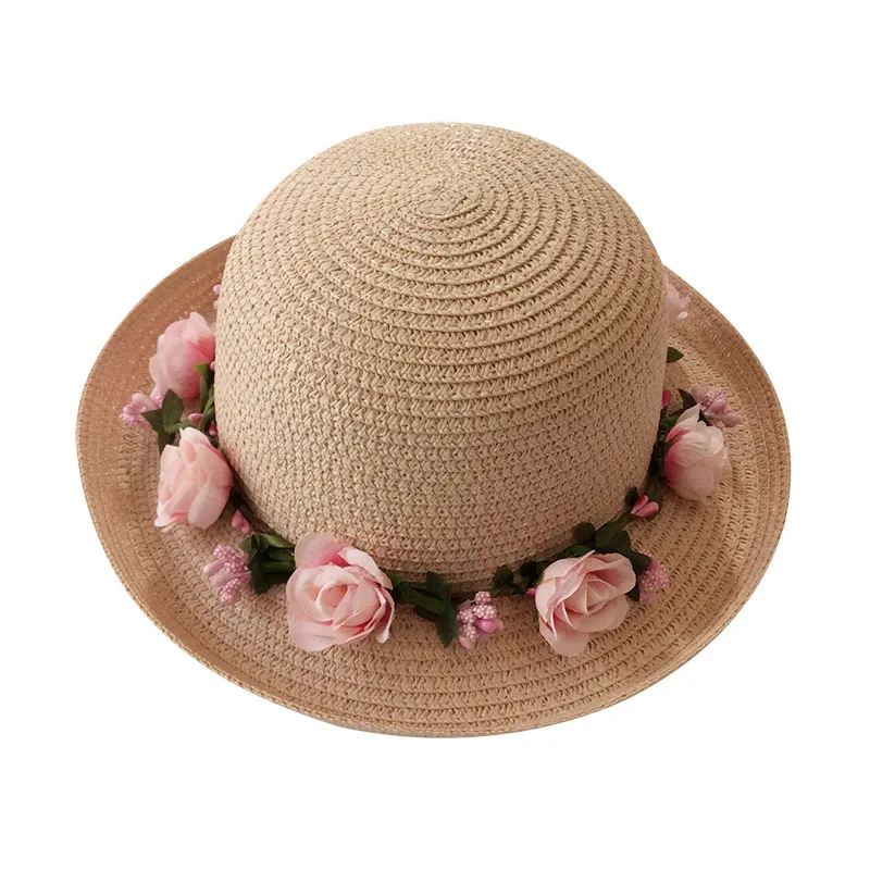 

Girls Summer Hat Rose Flower Straw Hat For Girls Sun Caps Roll Up Kids Cap Baby Beach Hats Caps