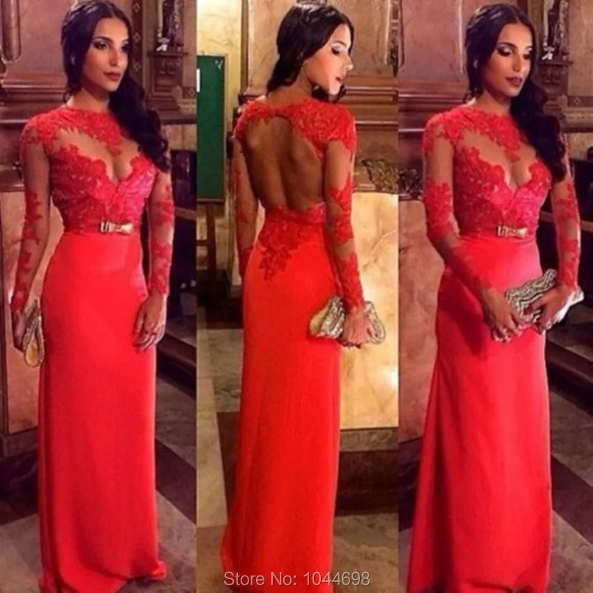 Vestidos Largos Noche Красный Вечернее Платье 2017 Сексуальная Высокая Шея Длинные Рукава