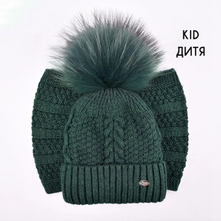 Winter Hat Scarf Set for Girls Raccoon Fur Pompoms Womens Beanies Fashion Knitted Ski Caps Ring Velvet Skullies Children |