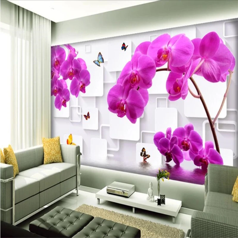 

beibehang Wallpaper 3d mural custom living room bedroom home decoration Phalaenopsis 3D reflection wallpaper tv wall decoration