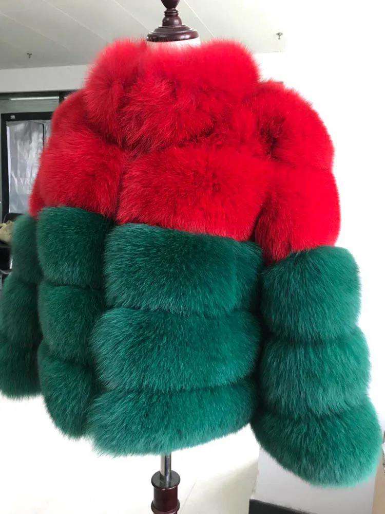 Red and green Женское пальто из натурального меха, толстая теплая Женская куртка из натурального Лисьего меха, верхняя одежда, модная зимняя шуба из натурального Лисьего меха со стоячим воротником для женщин - Цвет: Red and green