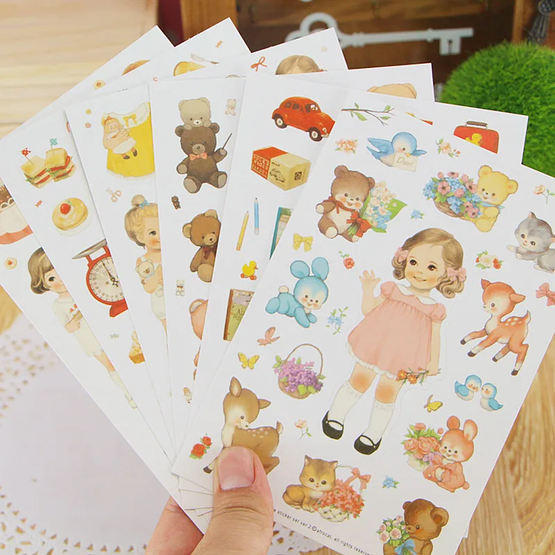 6 листов/Партия DIY милые Kawaii бумажные декоративные наклейки кукла животного из