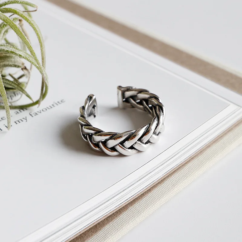 YPAY Pure 100% 925 Sterling Silver Adjustable Ring Jewelry Retro Thick Weave Rings for Women Anillos Bague Femme &amp Homme YMR584 |