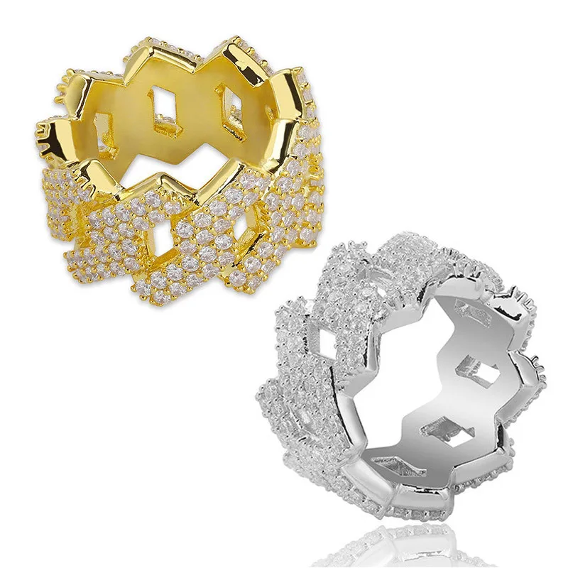 

Hip Hop Rings Iced Out Link Chain Bling AAA Cubic Zirconia Rings For Men Gifts 2 Colors Rapper Fashion Jewelry