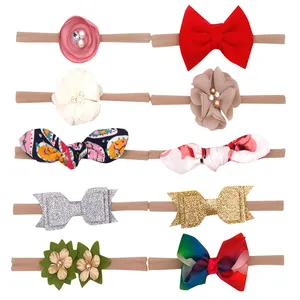 Милый головной убор для маленьких девочек, 10 шт.лот, милый ободок для волос с бантом и цветком, аксессуары для волос для маленьких девочек, милый Подарочный комплект