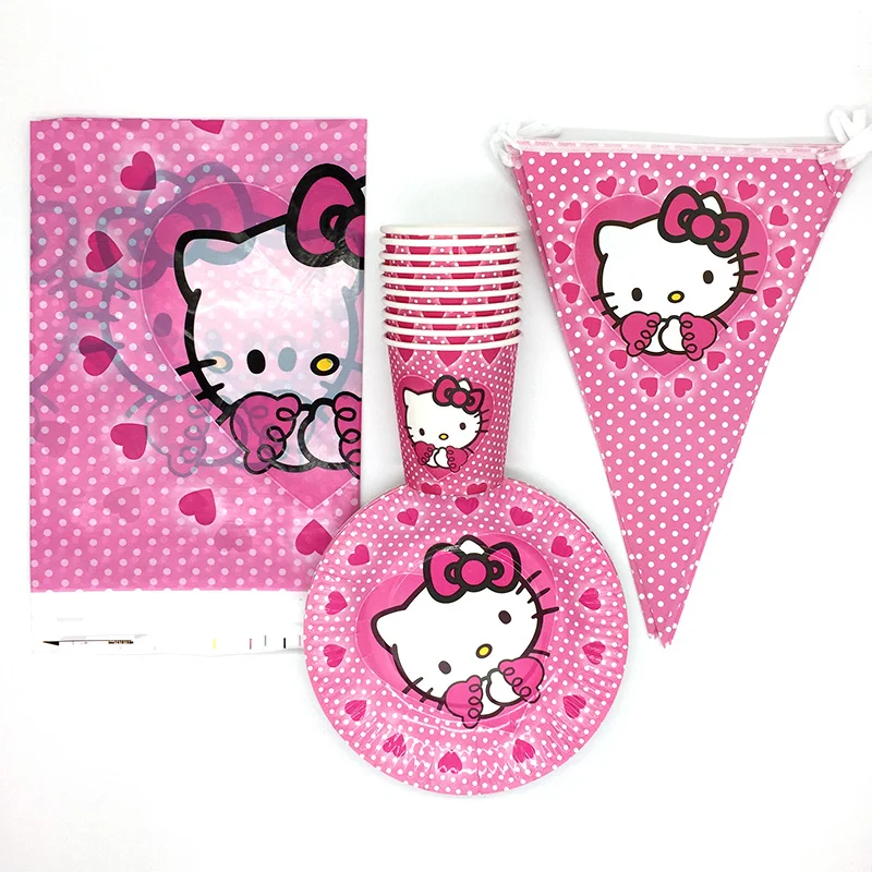 61Pcs/set hello kitty Theme 20plates + 20cups+ 20flag+1Tablecloth happy birthday party supplies for kids | Дом и сад
