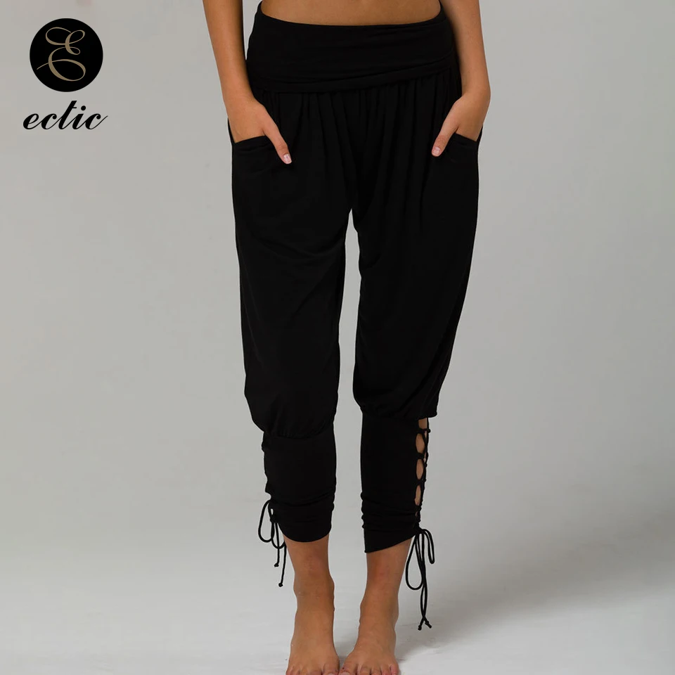 Cropped Leggings Pantacourt Femme Satin Harem Pants Casual Bandage Crisscross Leggings Women Wide Leg Wrinkled Ruched Leggings