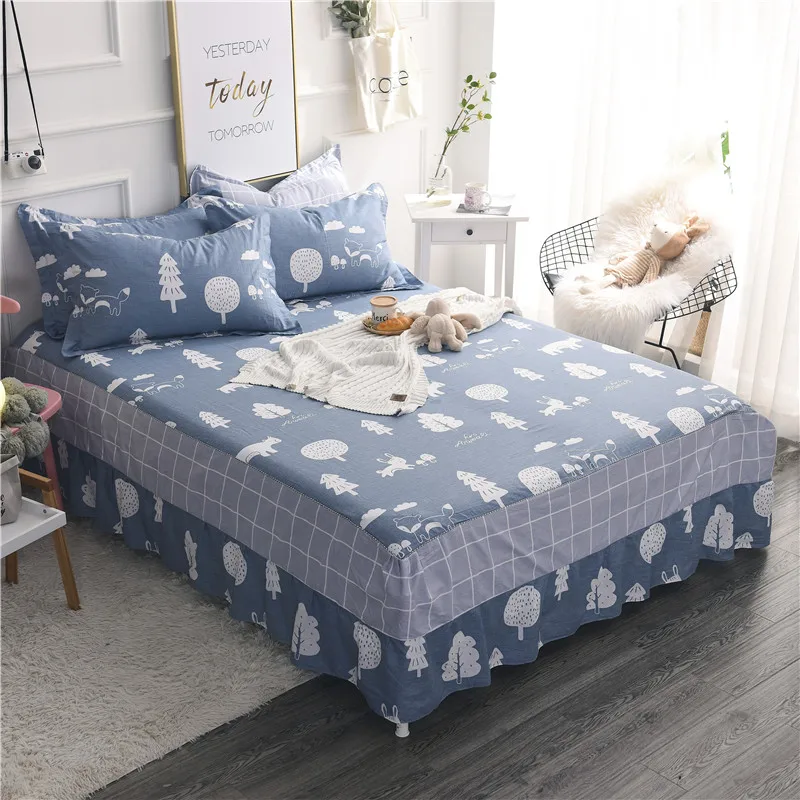 Cute Blue +White Cartoon Tree Pattern Bed Skirt Cotton Breathable Multi-Color Covering Painting 3pcs Bedding Sets Pillowcase |