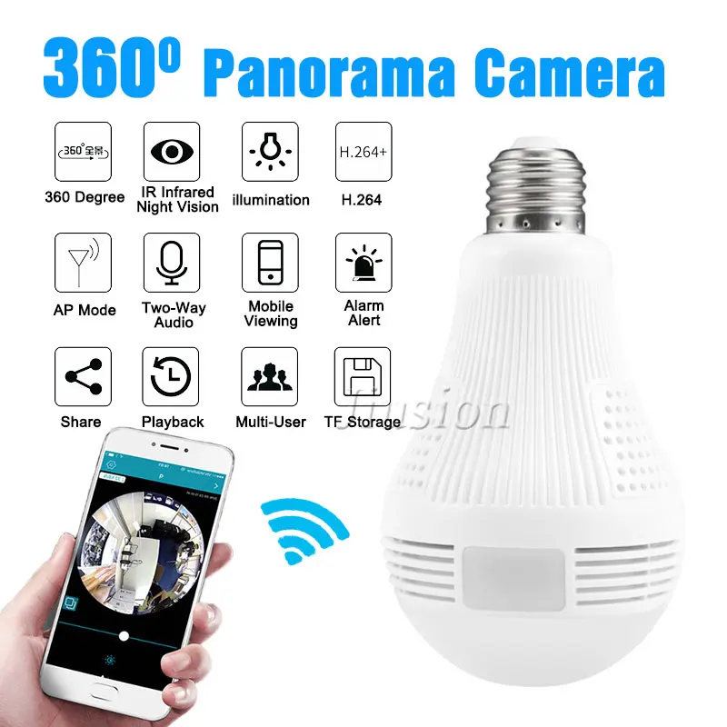 Wi Fi лампа мини камера с углом обзора 360 градусов рыбий глаз 960P CCTV 1.3MP Домашняя