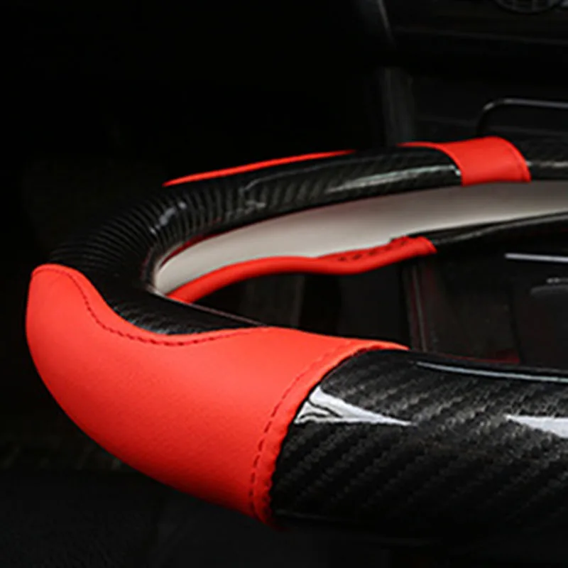 

SUV Carbon Fiber Black+Red 38cm Steering Wheel Cover Antiskid Splicing Trim Exterior Non Slip For Car Useful Parts