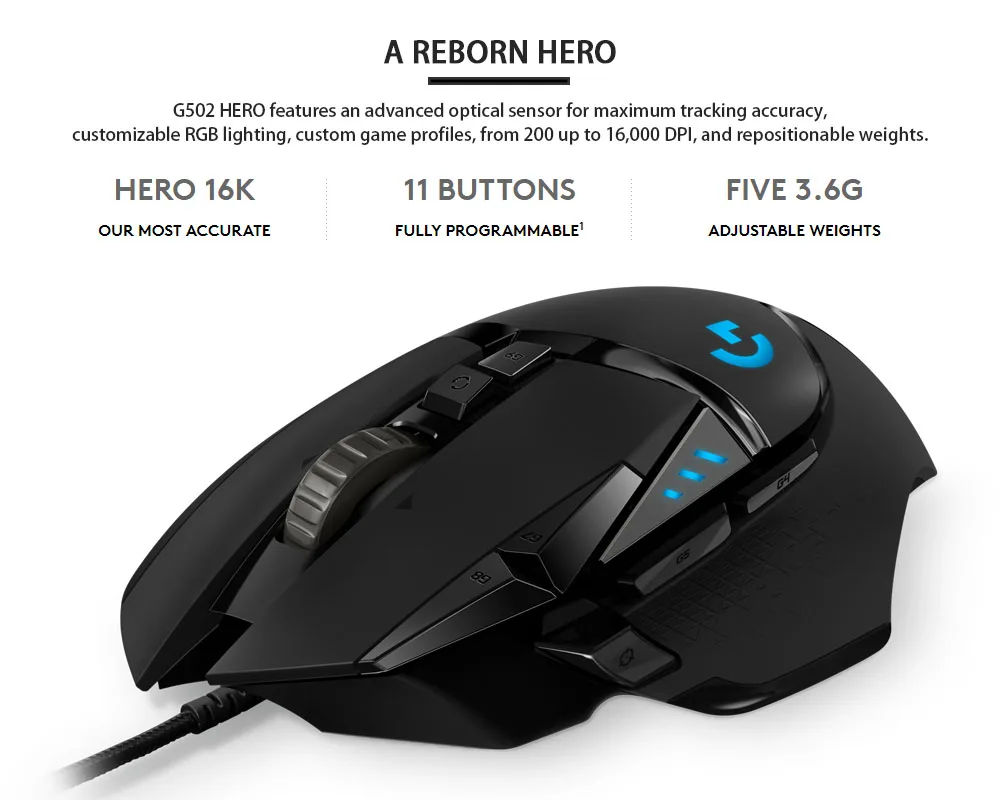 Высокопроизводительная игровая мышь logitech G502 HERO Engine с 16000 dpi программируемая Настройка LIGHTSYNC RGB для геймеров