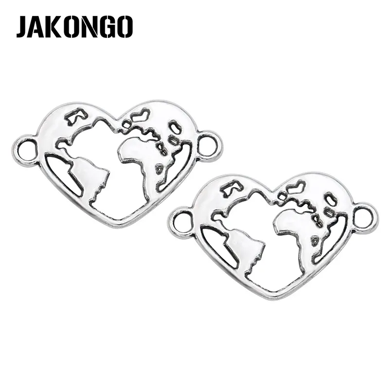 JAKONGO античное посеребренное сердце карта мира Шарм соединитель для изготовления