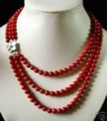 

Selling Jewelry>>>Beautiful 3rows 6mm red coral necklace 17-20"