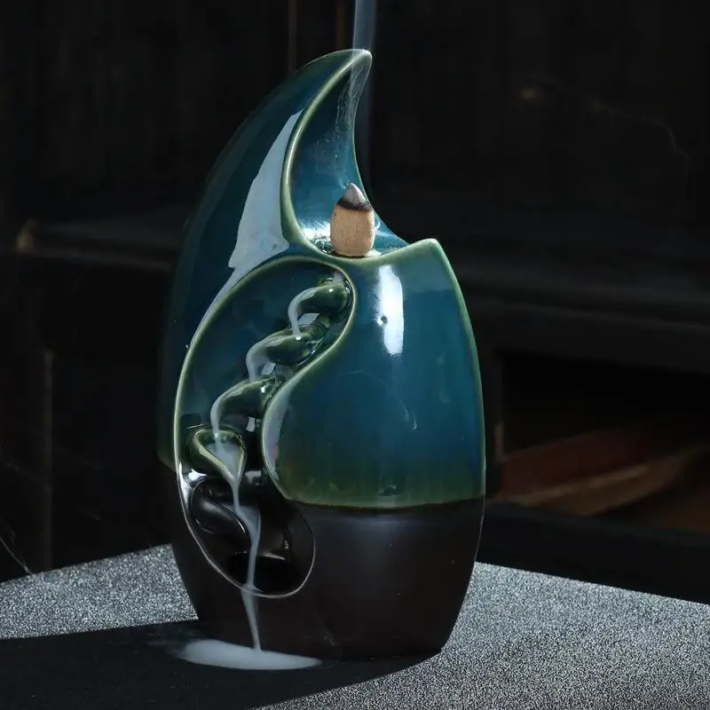

New Blue Smoke Waterfall Incense Burner Classic Moon Shape Backflow Incense Holder With Gift Box +10pcs Free Cones Home Decor