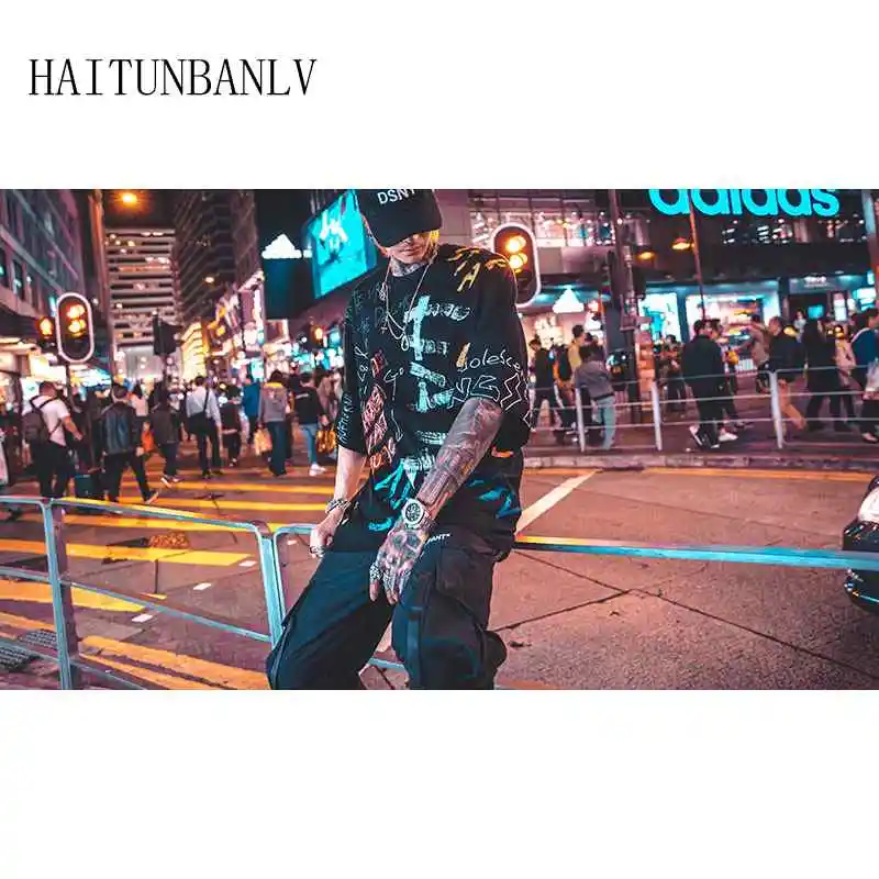 Хип-хоп граффити Повседневное футболки Летняя мода короткий рукав Harajuku Стиль тройники уличной футболки