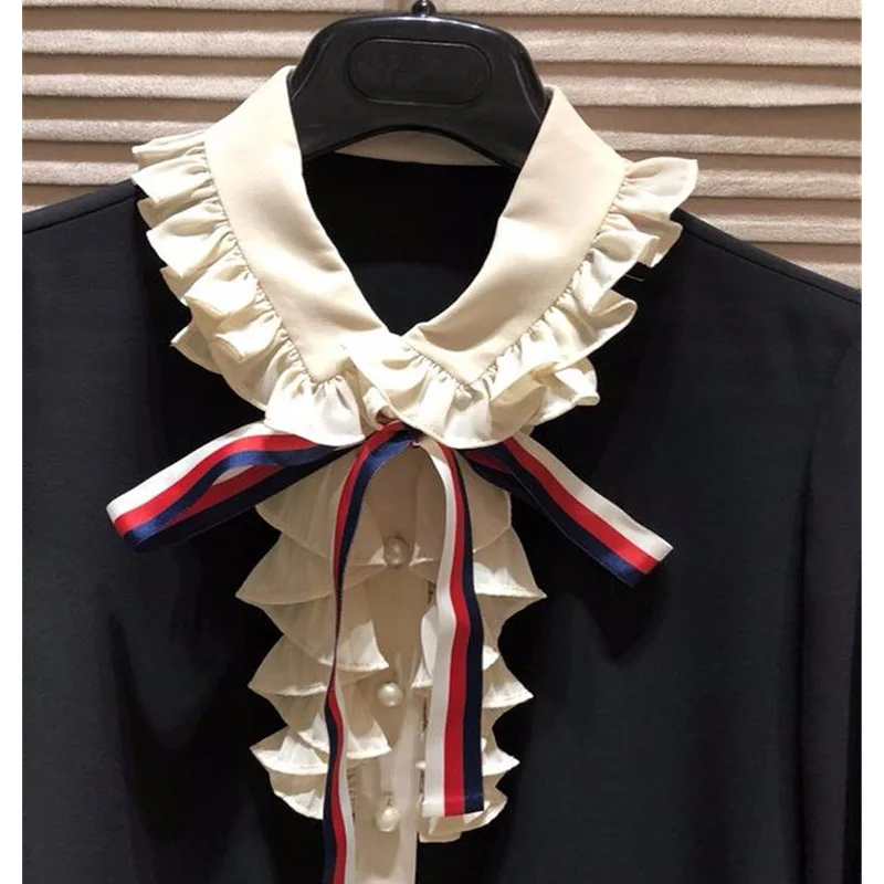 Spring Classic Bowtie Office Lady Chiffon Shirts Black Girl Ladies Long Sleeve Peter Pan Collar Blouse | Женская одежда