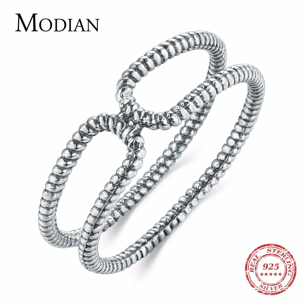 

Modian 100% 925 Sterling Silver Double layer Stackable Vintage Fashion Finger Ring For Women Winding line Jewelry Best Gift anel