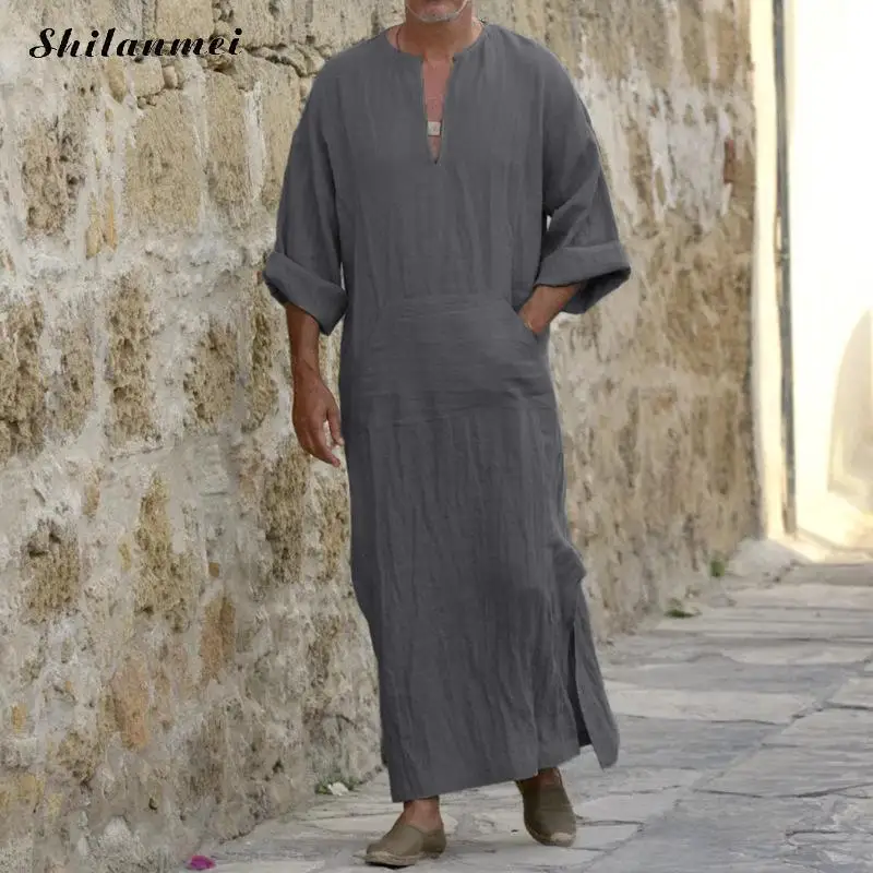 gray Мусульманская Мода Для мужчин исламский ткань Jubah Thobe одеяния кафтан карманы плюс Размеры одноцветное Арабская, Дубай короткий рукав платье из муслина - Цвет: gray