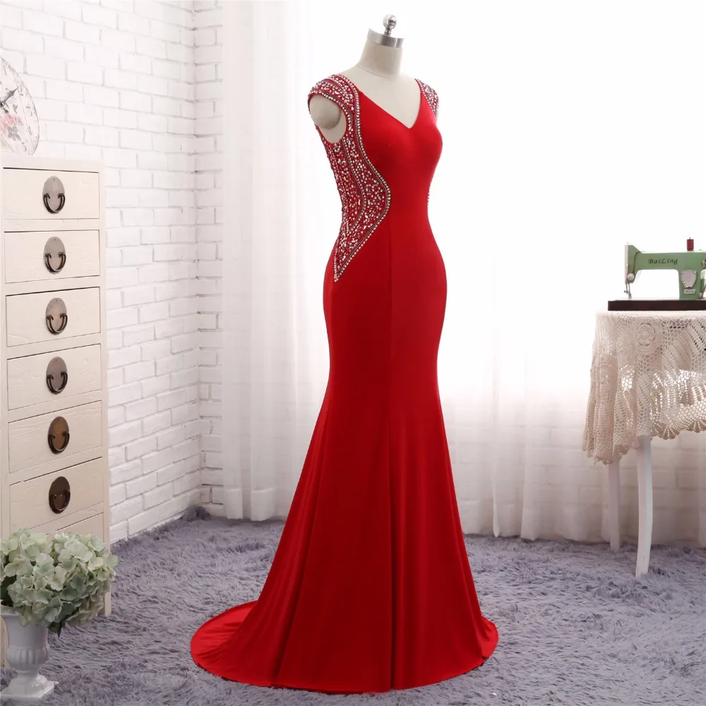 Красное вечернее платье 2017 Vestido de Festa Русалка v-образный вырез короткий рукав
