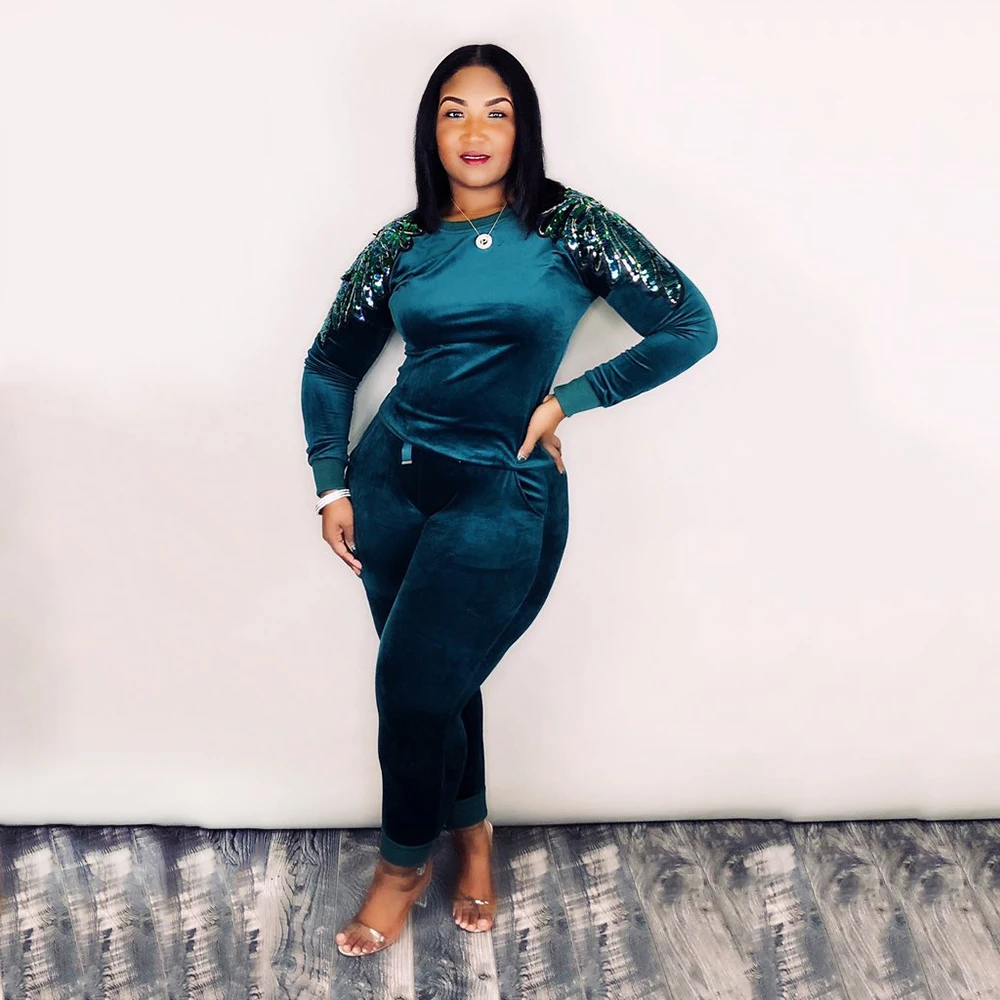 Women Two Piece Set Outfits Velvet Sequins Shoulder Patchwork O-Neck Long Sleeve Pullovers Pencil Pants Casual Sportswear |