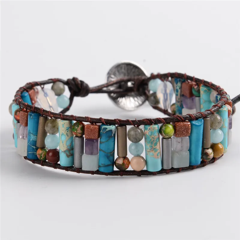 

Women Boho Bracelet Tube Shape Natural Stone Single Leather Wrap Bracelet Semi Precious Stone Beaded Bracelet Drop Shipping