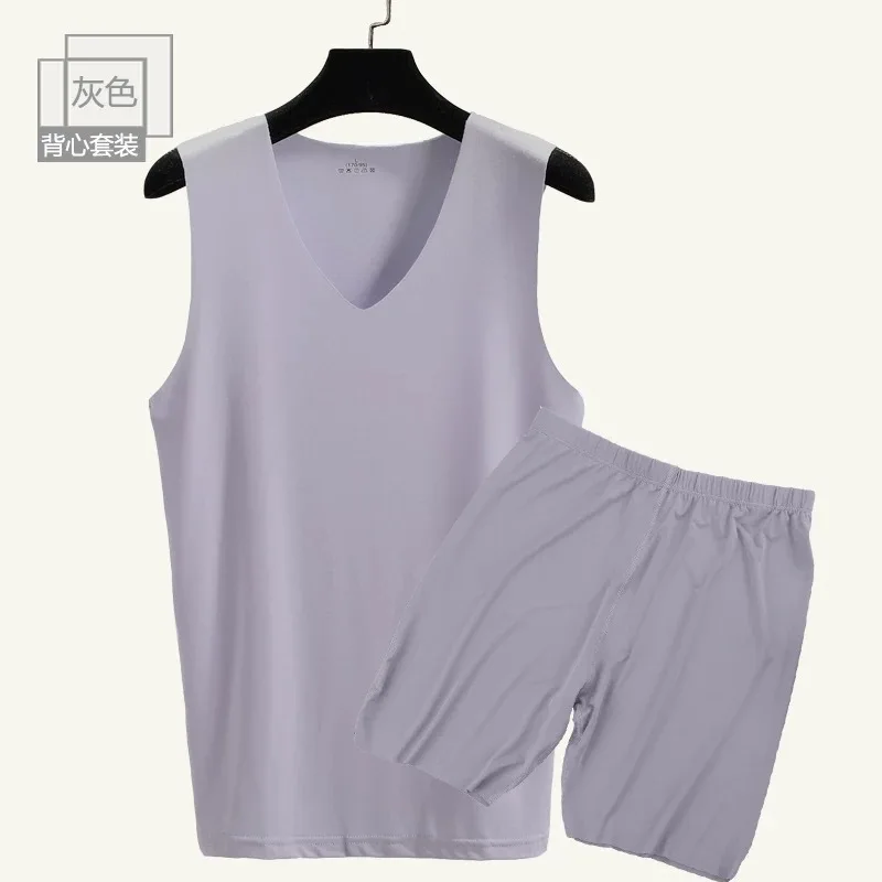 Men's seamless V-neck vest and shorts 2 piece men's casual home  Nightwear Men 21004
