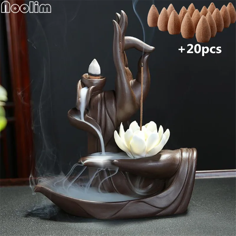 Lotus - Sandalwood Будда Ручной монах лотоса обратного потока благовония горелки творческий домашний декор дзен буддистская подставка для ароматических палочек+ 20 шт благовоний конусов - Цвет: Lotus - Sandalwood