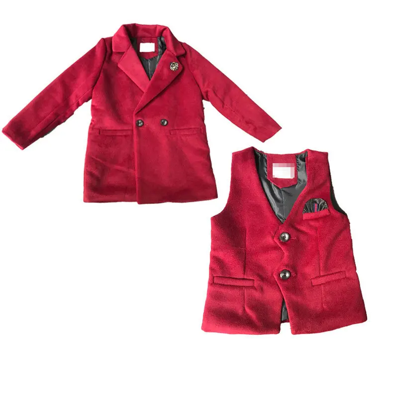 3 sets of children's clothing winter boy's 2019 new product plus cotton woolen long coat vest pants three-piece |