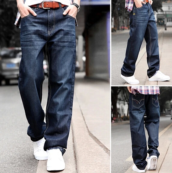Jeans Men 2015 Spring New Dark Blue Color Plus Size 29-44 Baggy Wide Leg Straight Denim Pants | Мужская одежда