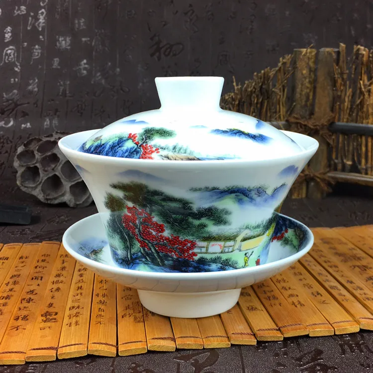 High Capacity Chinese Hand Painted Teaset Elegant Gaiwan 300ml Ceramic Tea Tureen Lid Bowl Saucer Glaze Cup | Дом и сад