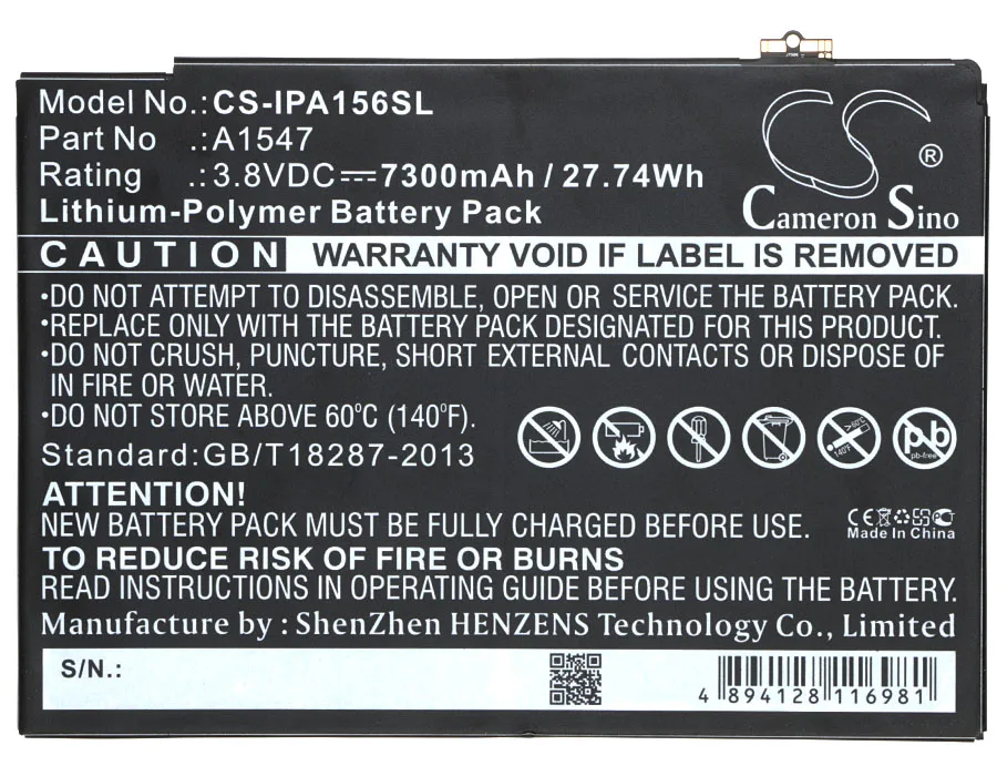 

Аккумулятор Cameron Sino 7300 мАч A1547 для Apple A1547, A1566, A1567, i-Pad 6, i-Pad Air 2, i-Pad Air 2 WiFi, MGKL2LL/A, MGL12LL/A