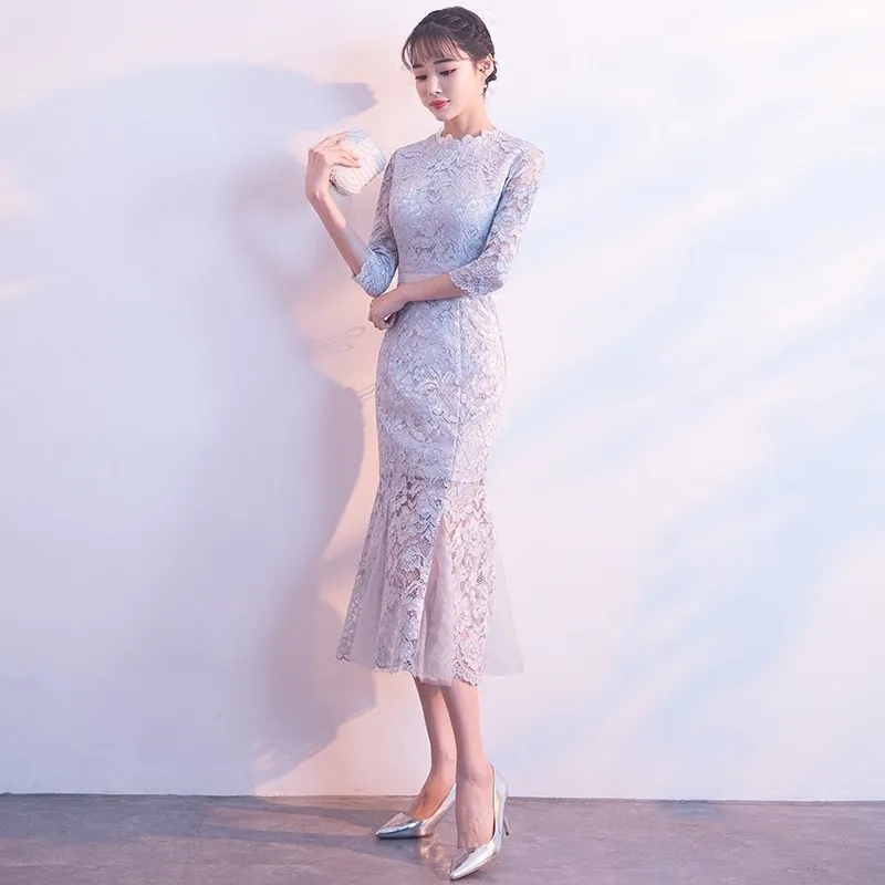 Серое кружевное китайское традиционное платье длинное Ципао для невесты Vestidos