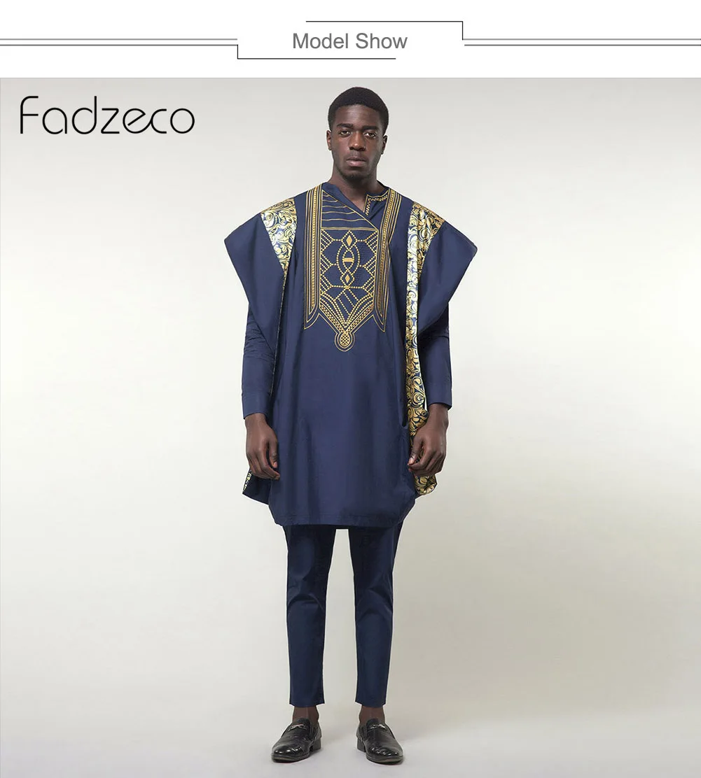 Fadzeco Agbada Мужская африканская одежда Дашики Национальный принт этнический Бизнес комплект из 3 предметов Темно-Синий Бубу африканские костюмы официальный наряд