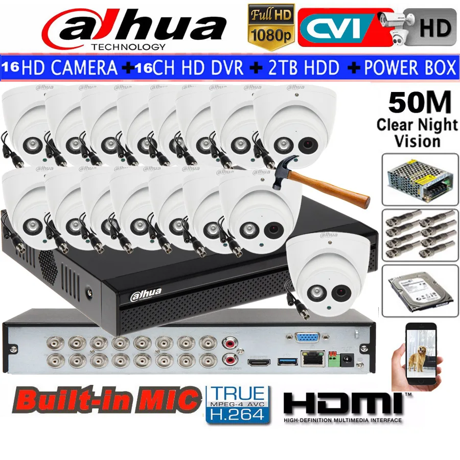 Купольная камера Dahua 2MP IR HDCVI встроенная фотокамера безопасности 16 каналов|hdd kit|hdd