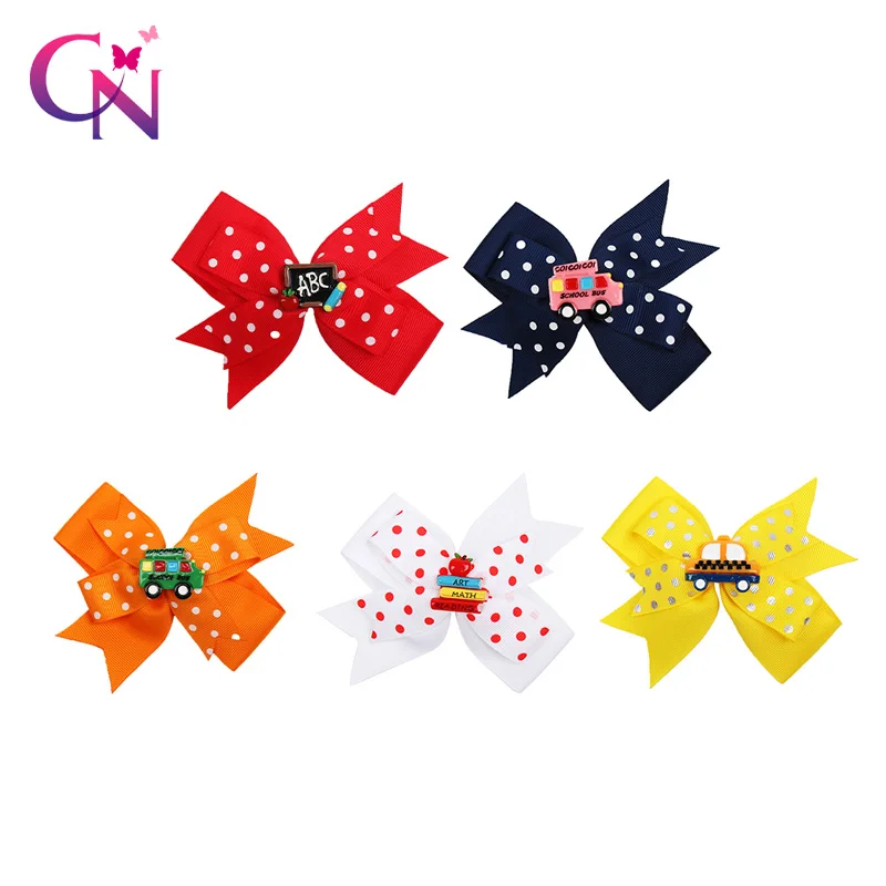 

CN 10 Pcs/lots 4.5" BACK TO SCHOOL Hair Bows for Girls Resin Cars Hairgrips for Student Dot Ribbon Hair Clips Hair Accessories