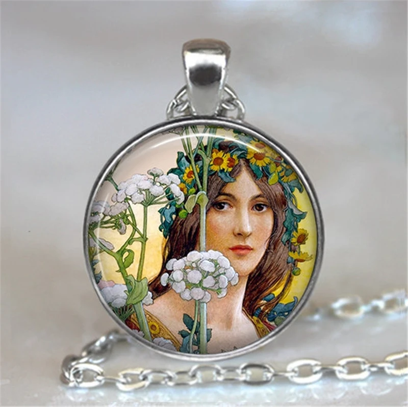 Женский винтажный кулон Alphonse Mucha стеклянный кабошон ручной работы массивное