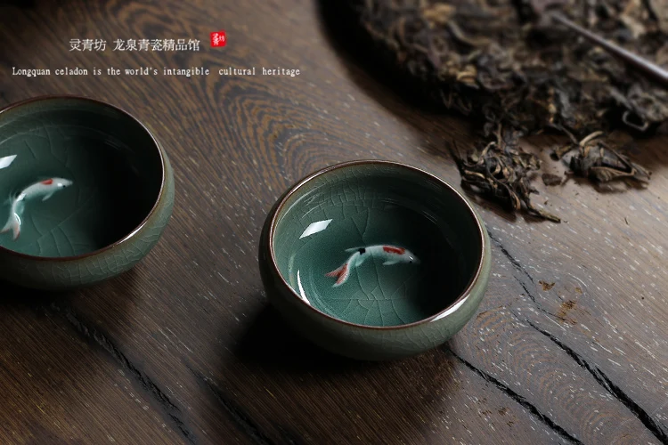 Китайский Селадон Фарфор Longquan чайные чашки чайный горшок Золотая Рыба чашка чая, кружка 60 мл китайский чайный сервиз кракле чайный сервиз Прямая поставка