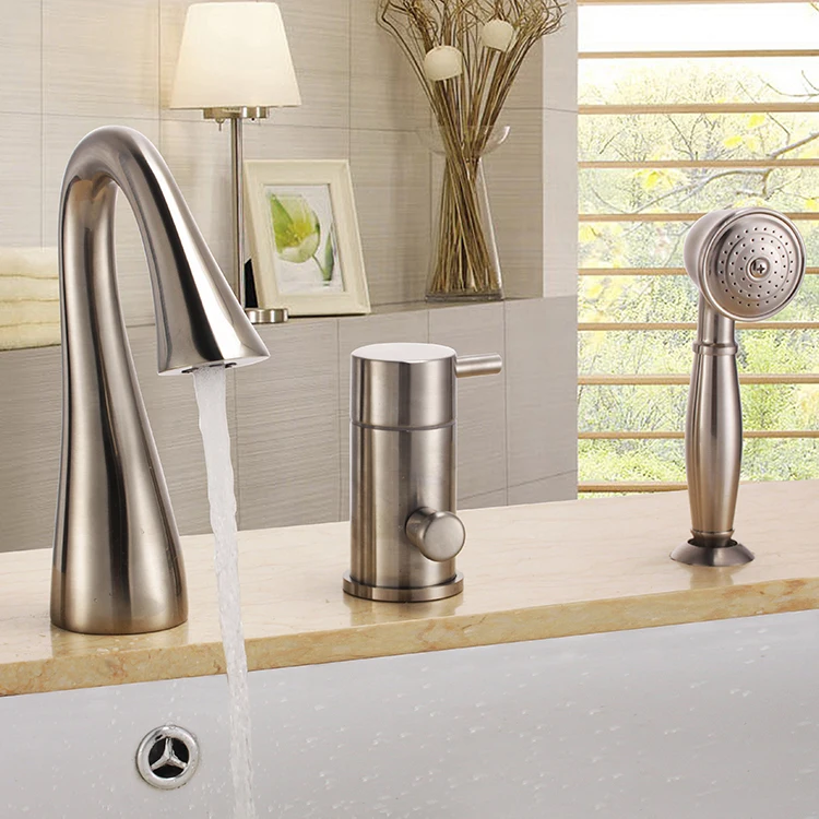 

Free ship Brushed Nickel 3 pieces widespread Waterfall Bathroom Bath Roman Tub Filler Faucet W/ Hand Shower