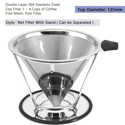 Net Filter Reusable Coffee Filter Stainless Steel Double Layer Mesh Basket Brewing Coffee Holder Cone Funnel Dripper Coffee Making Tools - Color: Net Filter