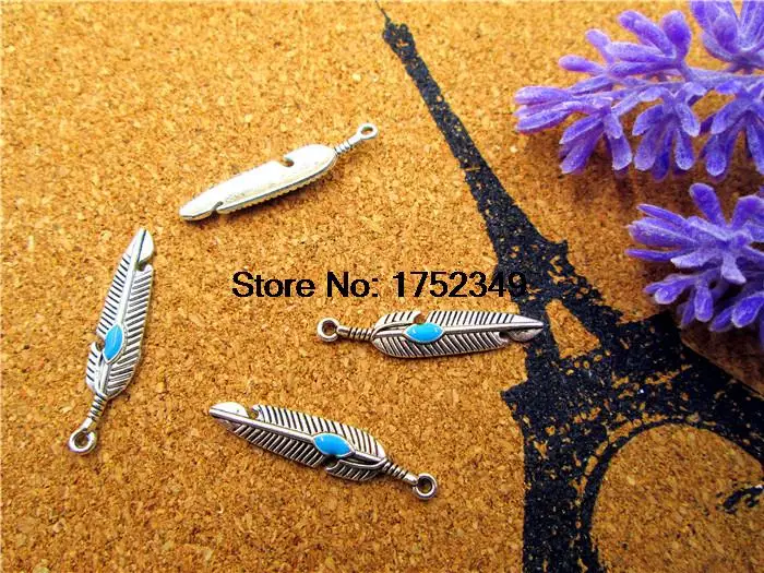 20 шт -- перьевые амулеты, антикетибетское Серебряное перо с искусственным бирюзовым подвесом 27x6 мм
