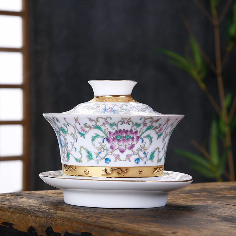 Серебряная фарфоровая чаша Gaiwan, Набор чашек ручной работы, пион, цветок лотоса, керамическая супница, китайский чайный сервиз Кунг-фу, чашка gaiwan, блюдце, крышка