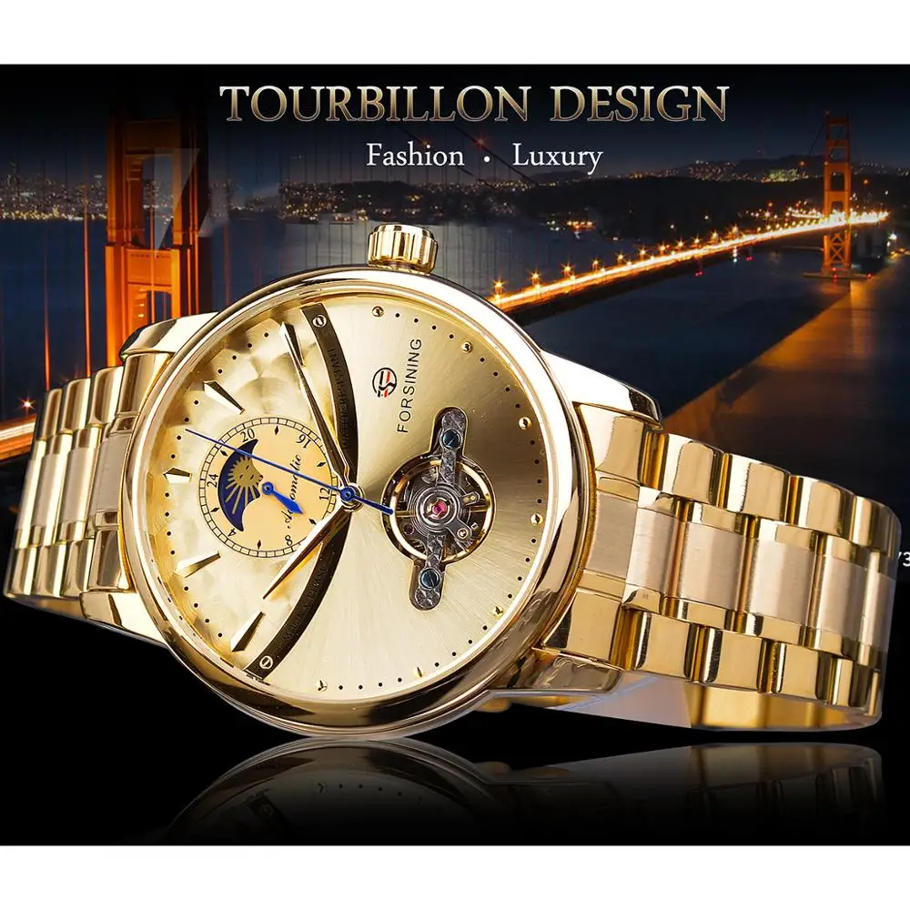 Forsining Tourbillon Automatic Men Watch Classic Golden Male Clock Moon Phase Mechanical Stainless Steel Band Wristwatch Relogio | Наручные