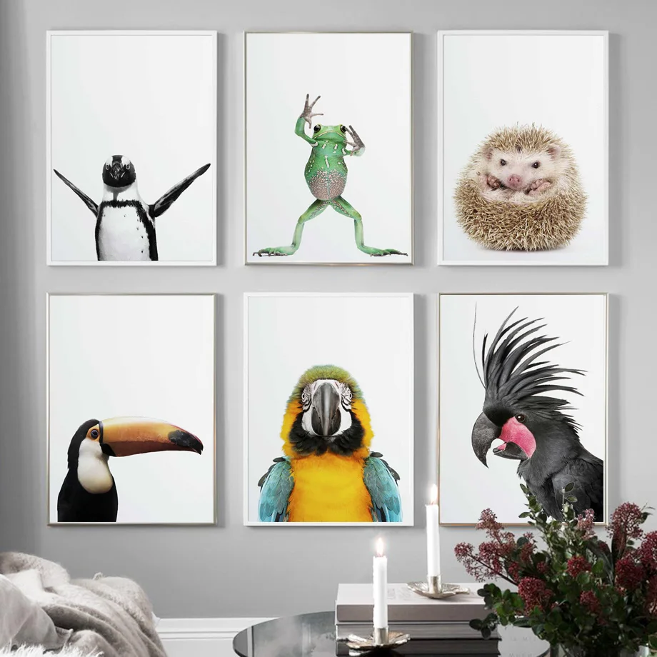 

Cute Parrot Frog Hedgehog Penguin Bird Nordic Posters And Prints Wall Art Canvas Painting Wall Pictures For Living Room Decor